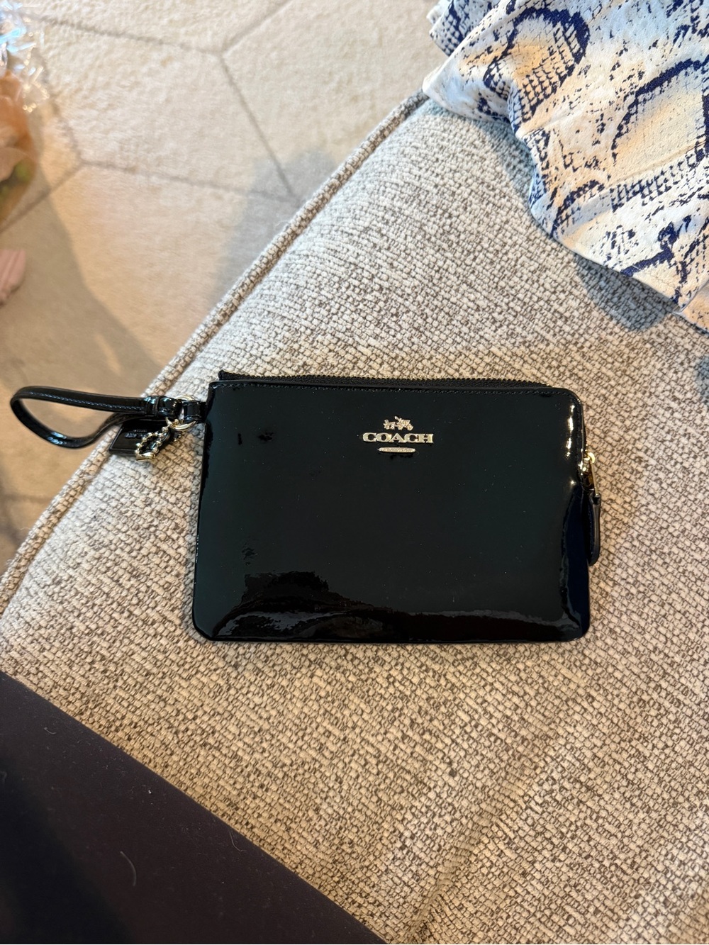 Coach Black Patent Leather Wristlet Pouch with Gold Logo